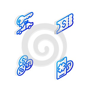 Set Isometric line Lottery ticket, Car gift, Casino chip with dollar and Online poker table game icon. Vector