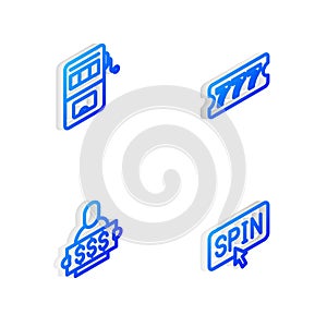 Set Isometric line Lottery ticket, Slot machine, Winner holding prize and spin button icon. Vector