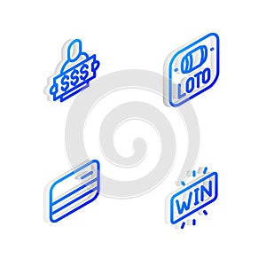 Set Isometric line Lottery ticket, Winner holding prize, Credit card and Casino win icon. Vector