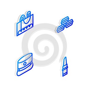 Set Isometric line Macaron cookie, French baguette bread, Kepi and Lipstick icon. Vector