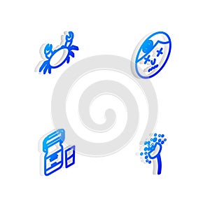 Set Isometric line Man having headache, Crab, Can container for milk and Flower producing pollen icon. Vector