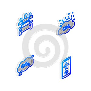 Set Isometric line Methane emissions reduction, Car sharing, CO2 cloud and Flight mode the mobile icon. Vector