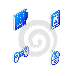 Set Isometric line Mobile and playing in game, Slot machine, Gamepad and Computer mouse gaming icon. Vector