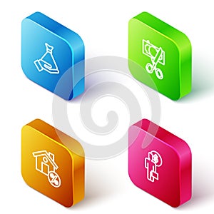 Set Isometric line Money in hand, Scissors cutting money, House with percant discount and Business man planning mind