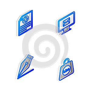 Set Isometric line Monitor and envelope, Clinical record, Fountain pen nib and Weight pounds icon. Vector