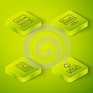 Set Isometric line Monitor with graph chart, Hard disk drive HDD, Computer network and Server, Data, Web Hosting icon