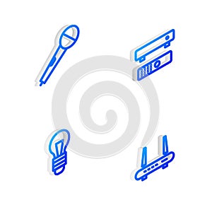 Set Isometric line Multimedia and TV box, Microphone, Light bulb and Router wi-fi signal icon. Vector