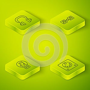 Set Isometric line Music note, tone, Pause button, Drum machine and Headphones icon. Vector