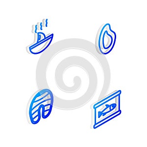 Set Isometric line Mussel, Shark fin soup, Fish steak and Canned fish icon. Vector