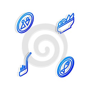 Set Isometric line Nachos in plate, Toilet, Kitchen ladle and Served fish on icon. Vector