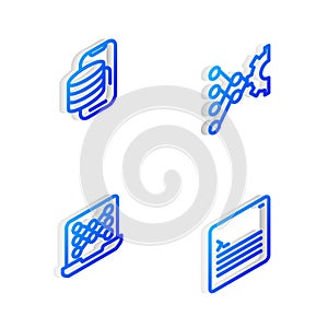 Set Isometric line Neural network, Cloud technology data transfer, and Web developer programming code icon. Vector