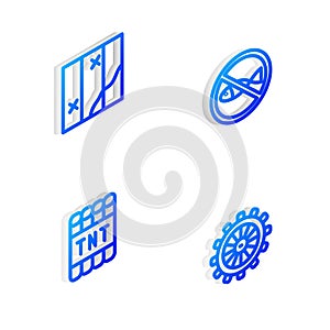 Set Isometric line No fishing, Folded map, Detonate dynamite bomb stick and Ship steering wheel icon. Vector