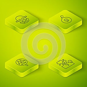 Set Isometric line Nuclear bomb, Biohazard symbol, Poisonous cloud of gas or smoke and Gas mask icon. Vector