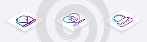 Set Isometric line Online dating app and chat, Heart with 8 March and Handbag. White square button. Vector