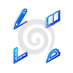 Set Isometric line Open book, Pencil and line, Folding ruler and Protractor grid icon. Vector