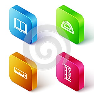 Set Isometric line Open book, Protractor grid, Ruler and Measuring height and length icon. Vector