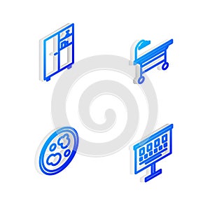 Set Isometric line Operating table, Medicine cabinet, Petri dish with bacteria and Eye test chart icon. Vector