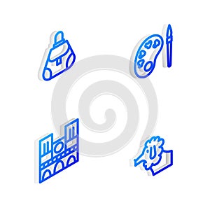 Set Isometric line Paint brush with palette, Handbag, Notre Dame and Poodle dog icon. Vector