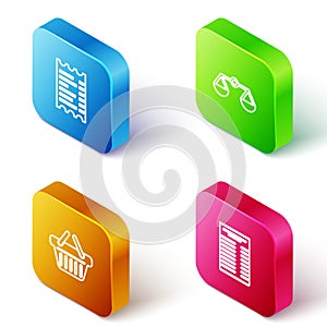 Set Isometric line Paper or financial check, Scales of justice, Shopping basket and icon. Vector