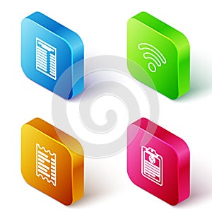 Set Isometric line Paper or financial check, Wi-Fi wireless network, and Clinical record icon. Vector