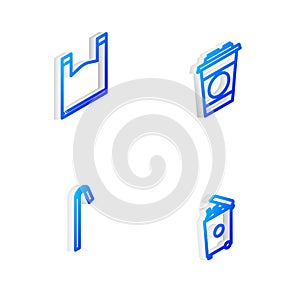 Set Isometric line Paper glass, Plastic bag, Drinking plastic straw and Trash can icon. Vector