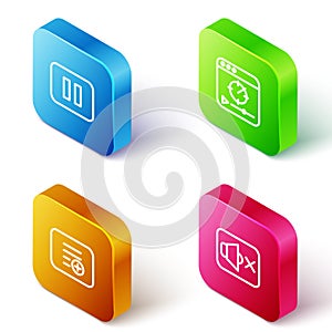 Set Isometric line Pause button, Online play video, Add playlist and Speaker mute icon. Vector