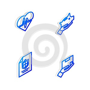Set Isometric line Piggy bank, Health insurance, Contract with shield and Delivery icon. Vector