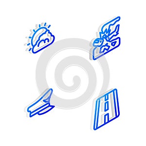 Set Isometric line Plane crash, Sun and cloud weather, Pilot hat and Airport runway icon. Vector