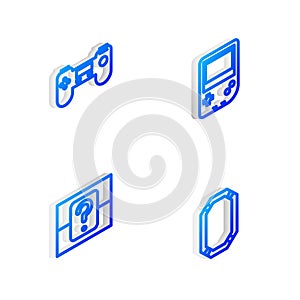 Set Isometric line Portable video game console, Gamepad, Mystery random box and Poker icon. Vector