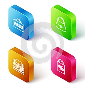 Set Isometric line Price tag with text Free, Handbag, Shopping building open and Shoping percent discount icon. Vector