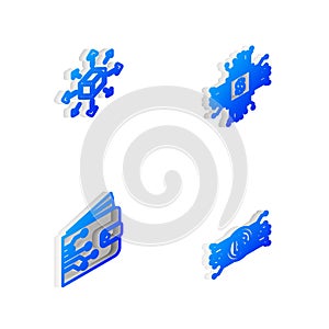 Set Isometric line Processor chip with dollar, Distribution, Cryptocurrency wallet and bitcoin in circuit icon. Vector