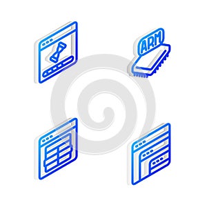 Set Isometric line Processor, Loading data window, MySQL code and Software icon. Vector