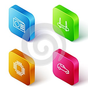 Set Isometric line Radio, Router and wi-fi signal, Processor with microcircuits CPU and Car icon. Vector