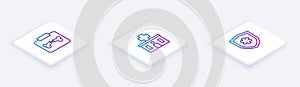 Set Isometric line X-ray shots with broken bone, Hospital building and Life insurance. White square button. Vector