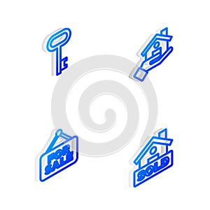 Set Isometric line Realtor, House key, Hanging sign with For Sale and text Sold icon. Vector