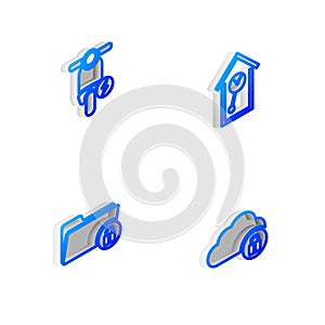 Set Isometric line Retro wall watch, Electric scooter, Folder and lock and Cloud computing icon. Vector