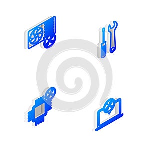 Set Isometric line Screwdriver and wrench, Air conditioner service, Processor and Laptop icon. Vector