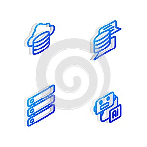 Set Isometric line Server, Data, Cloud database, and Artificial intelligence robot icon. Vector