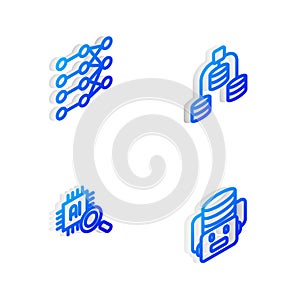 Set Isometric line Server, Data, Neural network, Processor CPU and Artificial intelligence robot icon. Vector