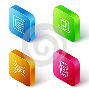 Set Isometric line Server, Data, Processor CPU, Neural network and Artificial intelligence AI icon. Vector
