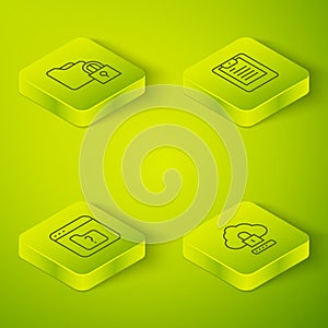 Set Isometric line Server, Data report, File missing, Cloud computing lock and Folder and icon. Vector