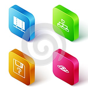 Set Isometric line Server, Data, Web Hosting, Folder tree, Unknown document and UFO flying spaceship icon. Vector