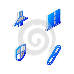 Set Isometric line Server, Data, Web Hosting, Kitchen extractor fan, Shield and Chain link icon. Vector