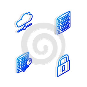 Set Isometric line Server, Data, Web Hosting, Network cloud connection, security with key and Lock icon. Vector