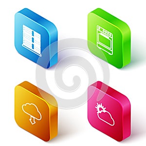 Set Isometric line Server, Data, Web Hosting, Oven, Cloud download and Sun and cloud weather icon. Vector