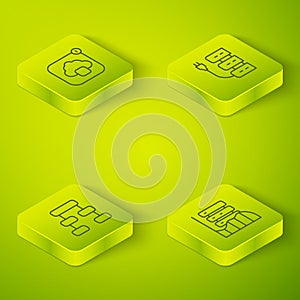 Set Isometric line Server, Hierarchy organogram chart, Data, Web Hosting and Cloud technology data transfer icon. Vector