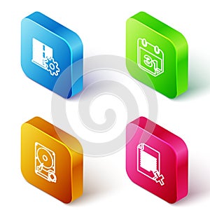 Set Isometric line Server setting, Calendar, Hard disk drive HDD sync refresh and Delete file document icon. Vector