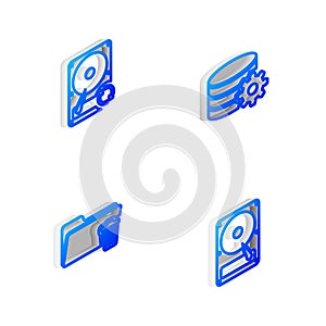 Set Isometric line Setting database server, Hard disk drive HDD sync refresh, Delete folder and icon. Vector