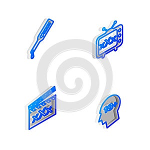 Set Isometric line Sex tv old television, Spanking paddle, Movie clapper with and Head 18 plus icon. Vector