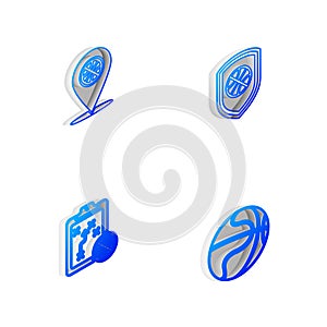 Set Isometric line Shield in the basketball ball, Location with, Planning strategy and Basketball icon. Vector